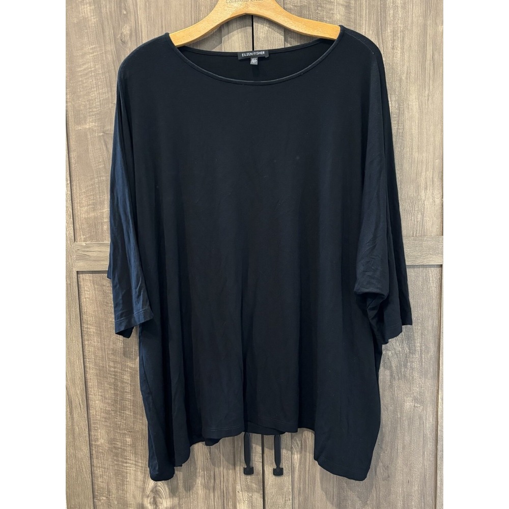 Eileen Fisher Large Top Boxy Relaxed Fit Dolman 3/4 Sleeves Black Rayon Stretch